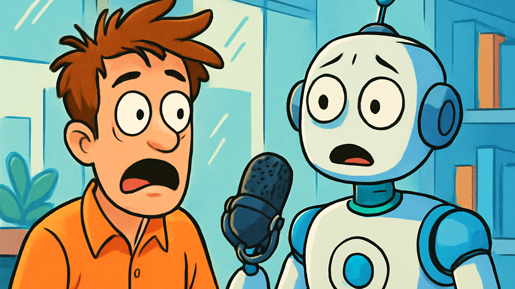 A worried student and surprised robot speaking into a microphone
