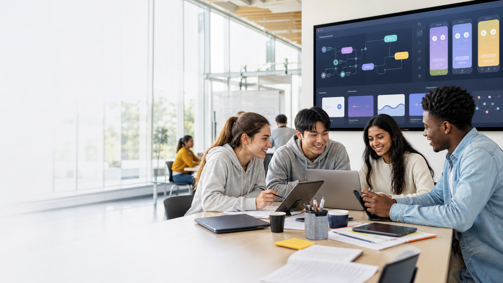 International students learning AI together in a modern campus technology space